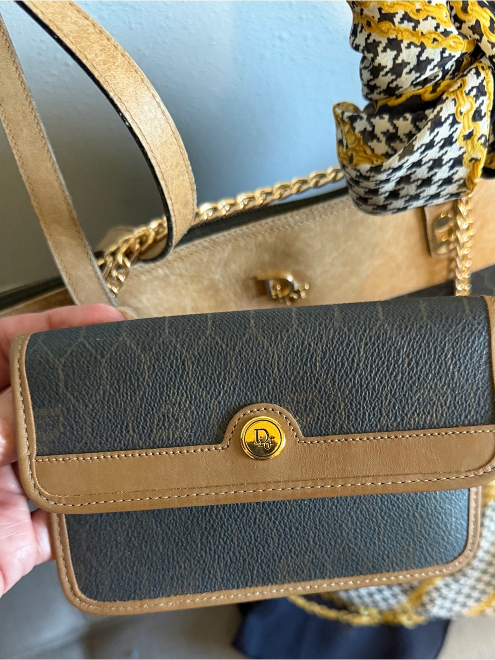Dior Black Honeycomb & Tan Leather Vintage Tote, Long Wallet, Pouch & Scarf Set! - Picture 7 of 16